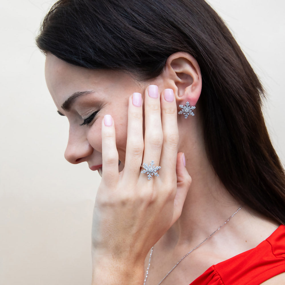 Model wearing Snowflake CZ Ring in Sterling Silver, 6 of 12