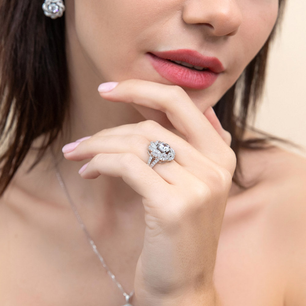 Flower Woven Ribbon Wreath CZ Split Shank Ring in Sterling Silver