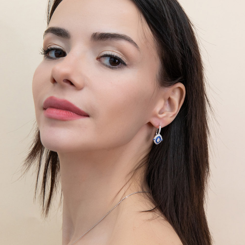 Model wearing Navette Halo CZ Statement Leverback Dangle Earrings in Sterling Silver, 2 of 7