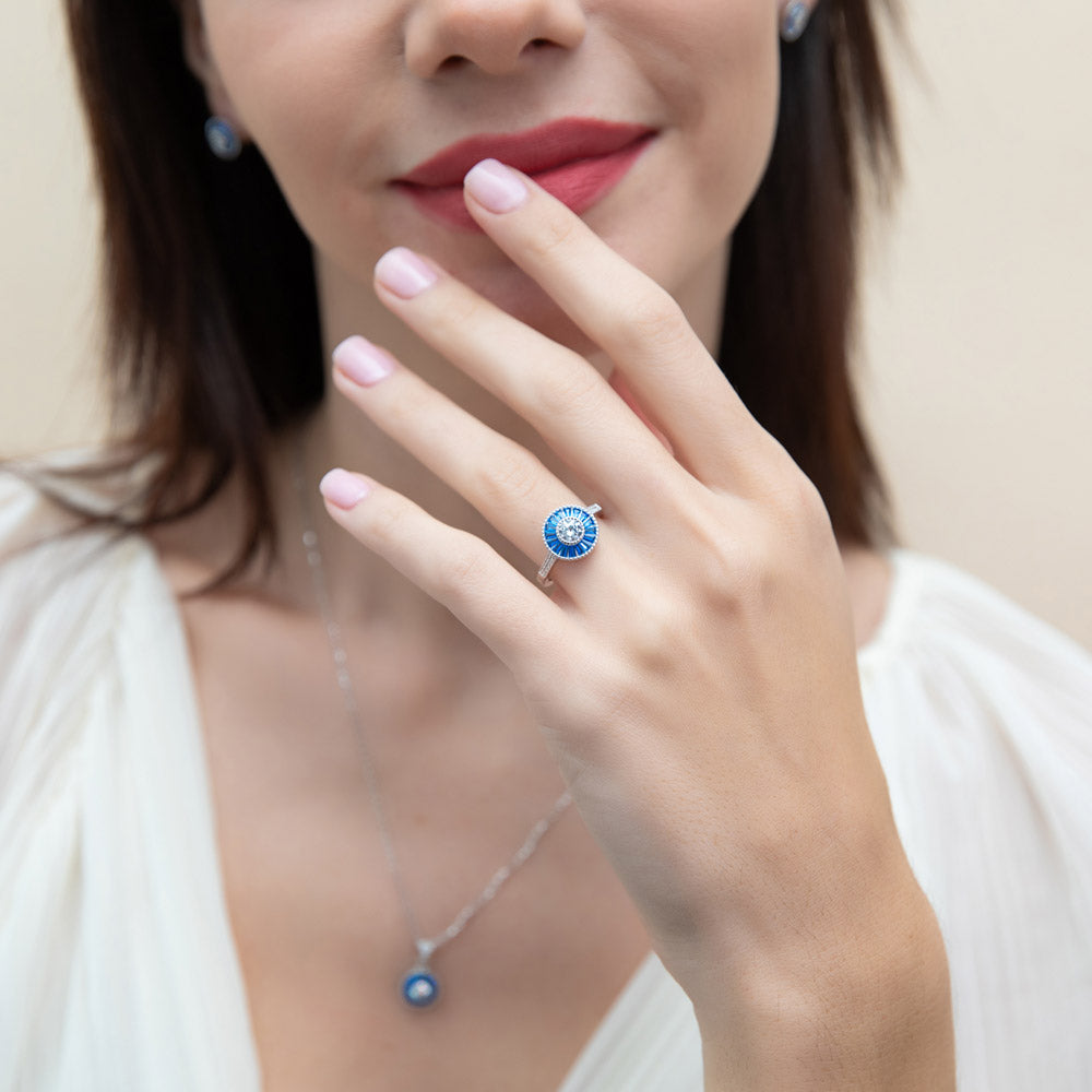 Model wearing Halo Art Deco Milgrain CZ Ring in Sterling Silver, 2 of 10