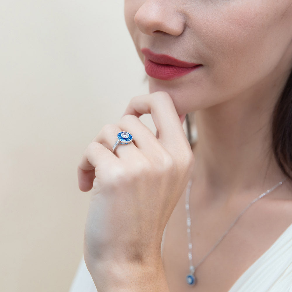 Model wearing Halo Art Deco Milgrain CZ Ring in Sterling Silver, 3 of 10
