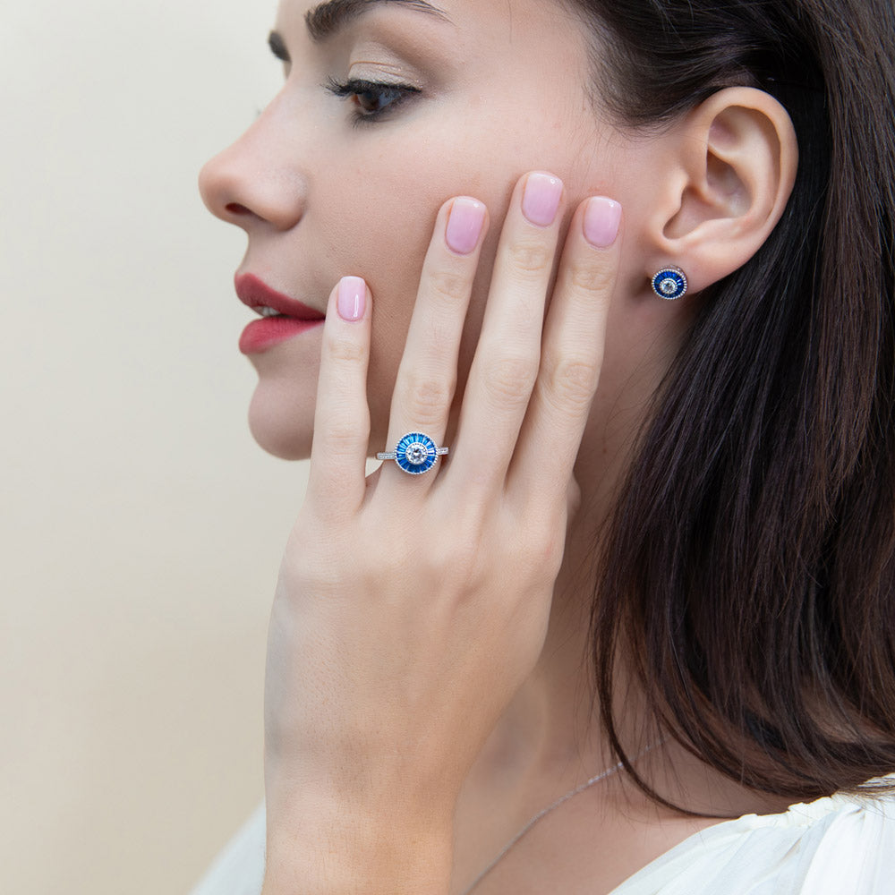 Halo Art Deco Milgrain CZ Ring in Sterling Silver