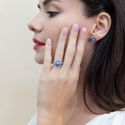 Halo Art Deco Milgrain CZ Ring in Sterling Silver