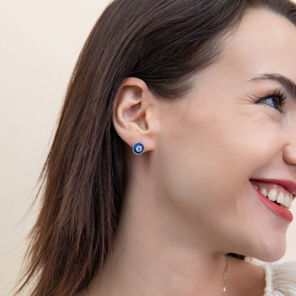 Halo Art Deco Milgrain CZ Stud Earrings in Sterling Silver