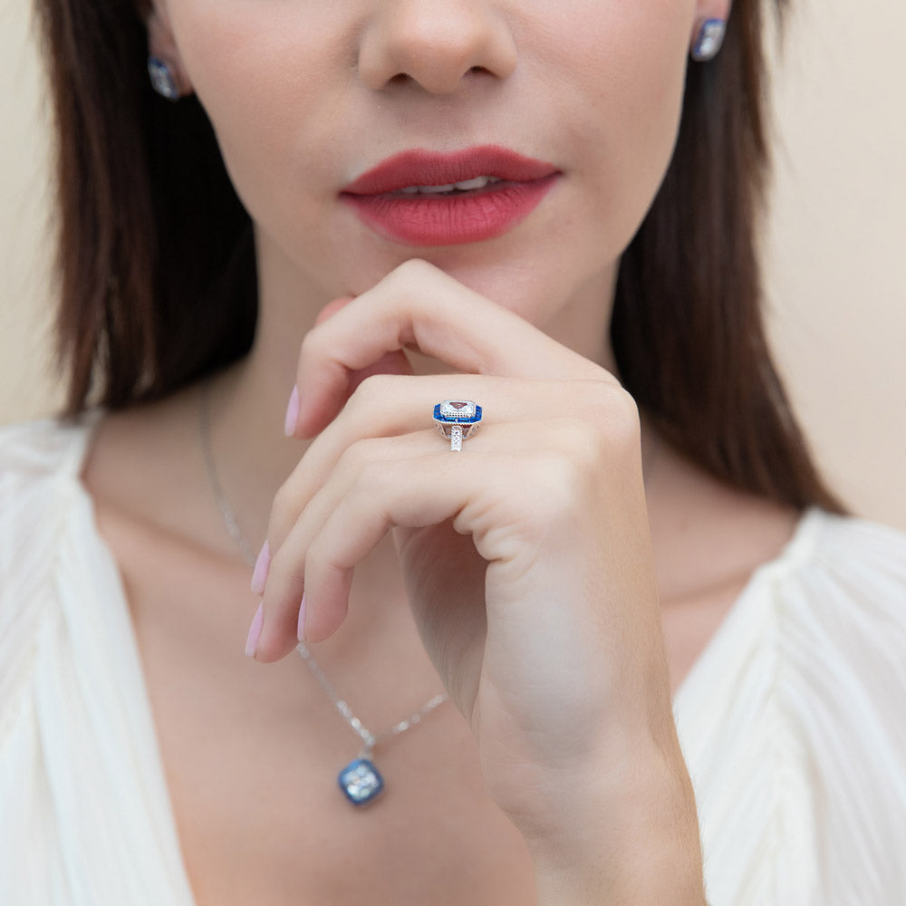 Model wearing Halo Art Deco Milgrain Princess CZ Ring in Sterling Silver, 6 of 11