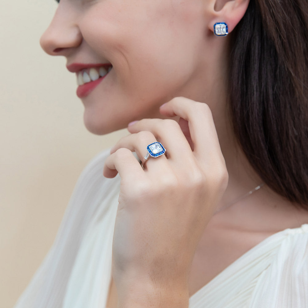 Model wearing Halo Art Deco Milgrain Princess CZ Ring in Sterling Silver, 3 of 11