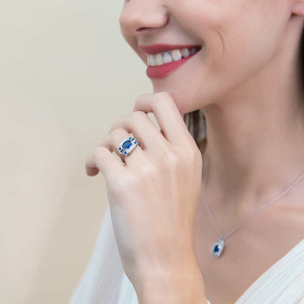 Art Deco Sapphire-Blue CZ Ring in Sterling Silver