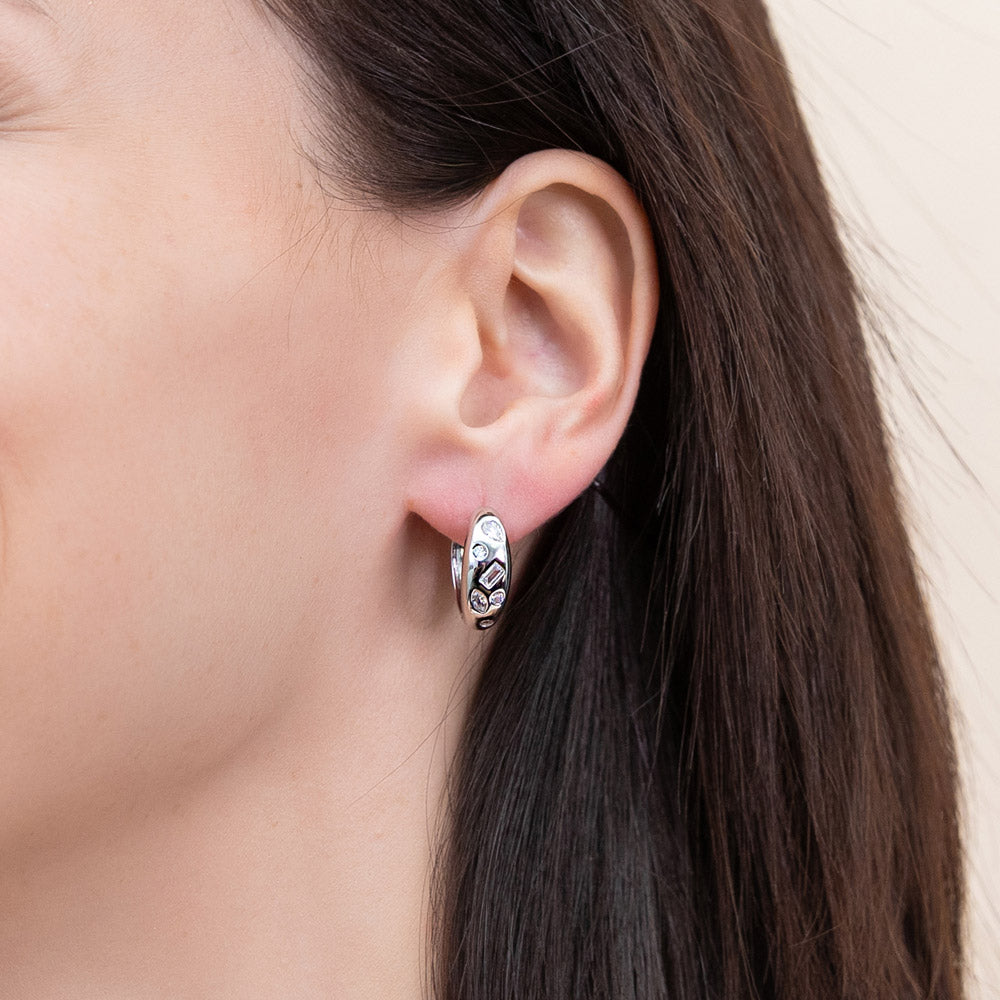 Model wearing Dome CZ Small Hoop Earrings in Sterling Silver 0.8 inch, 3 of 9