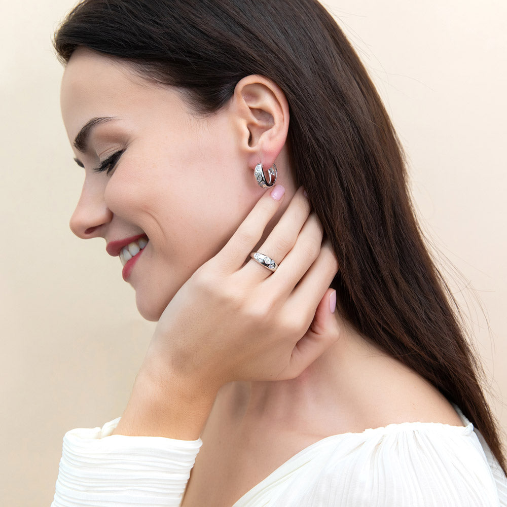 Model wearing Dome CZ Small Hoop Earrings in Sterling Silver 0.8 inch, 8 of 9