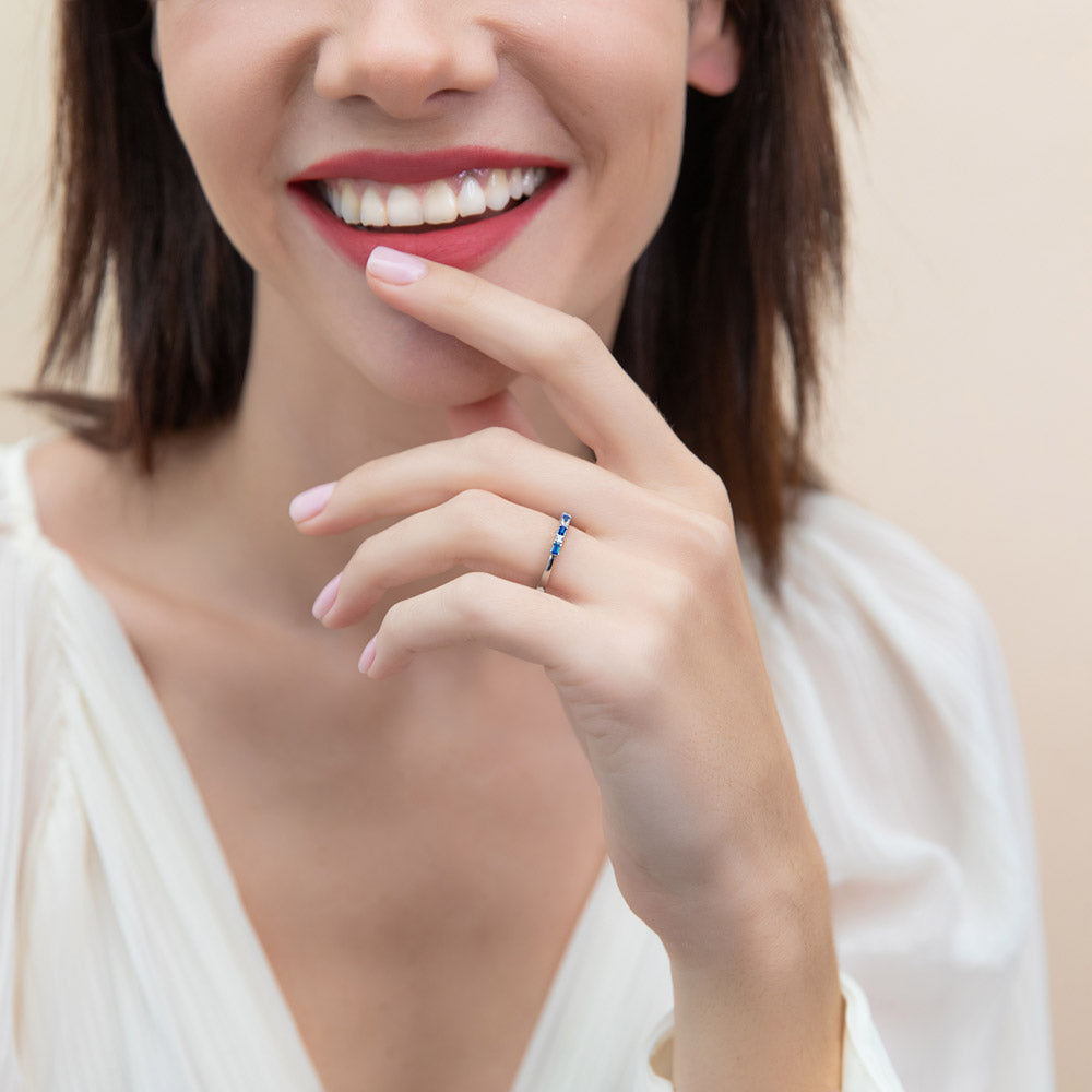 Model wearing Solitaire Art Deco 2.1ct Emerald Cut CZ Ring Set in Sterling Silver, 10 of 12