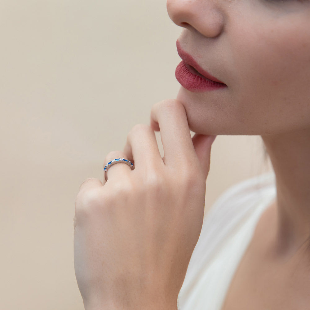 Model wearing Art Deco CZ Eternity Ring in Sterling Silver, 6 of 11