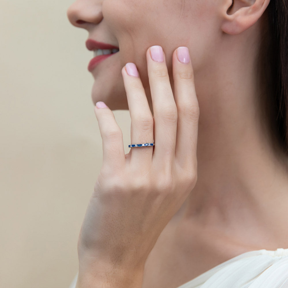 Model wearing Solitaire Art Deco 2.1ct Emerald Cut CZ Ring Set in Sterling Silver, 9 of 12