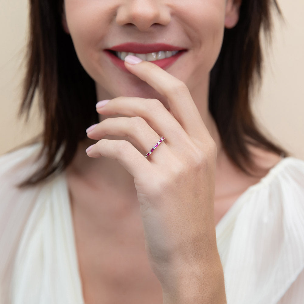 Model wearing Solitaire Art Deco 2.1ct Emerald Cut CZ Ring Set in Sterling Silver, 9 of 13