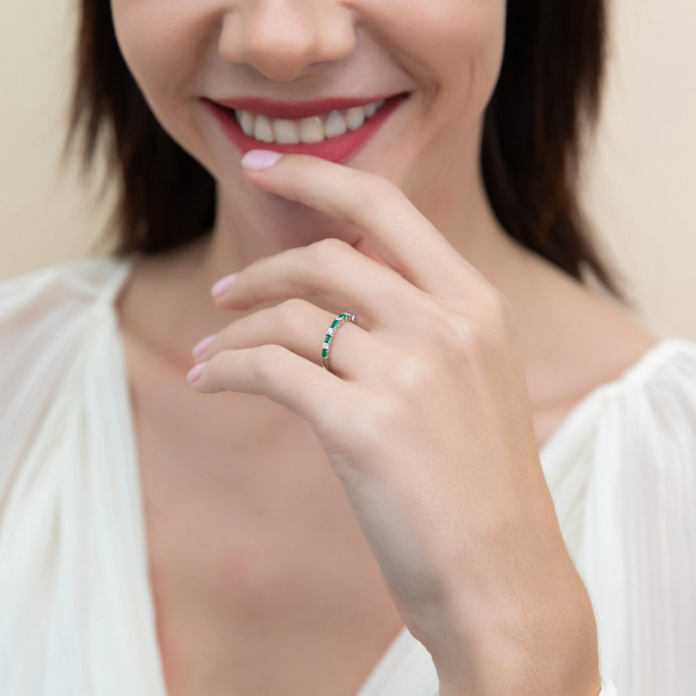 Model wearing Solitaire Art Deco 2.1ct Emerald Cut CZ Ring Set in Sterling Silver, 11 of 13