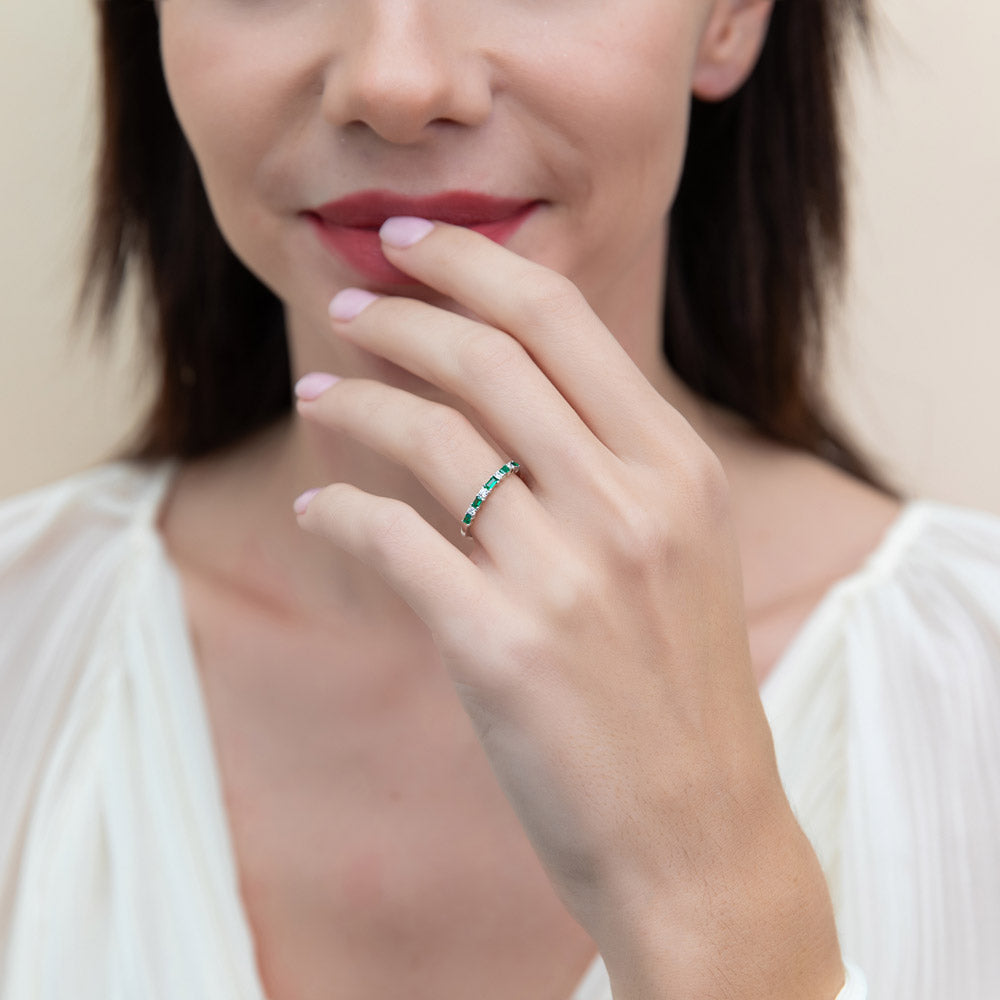 Model wearing Art Deco CZ Half Eternity Ring in Sterling Silver, 3 of 10