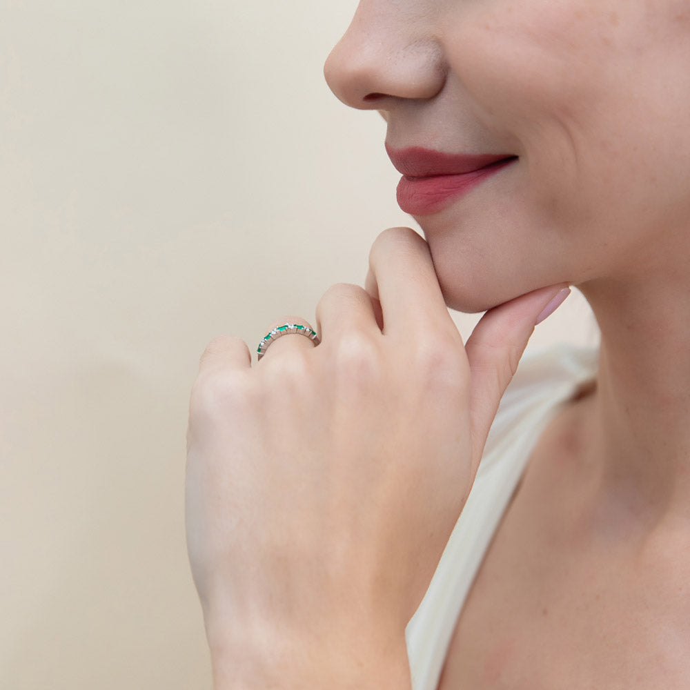 Model wearing Solitaire Art Deco 2.1ct Emerald Cut CZ Ring Set in Sterling Silver, 12 of 13