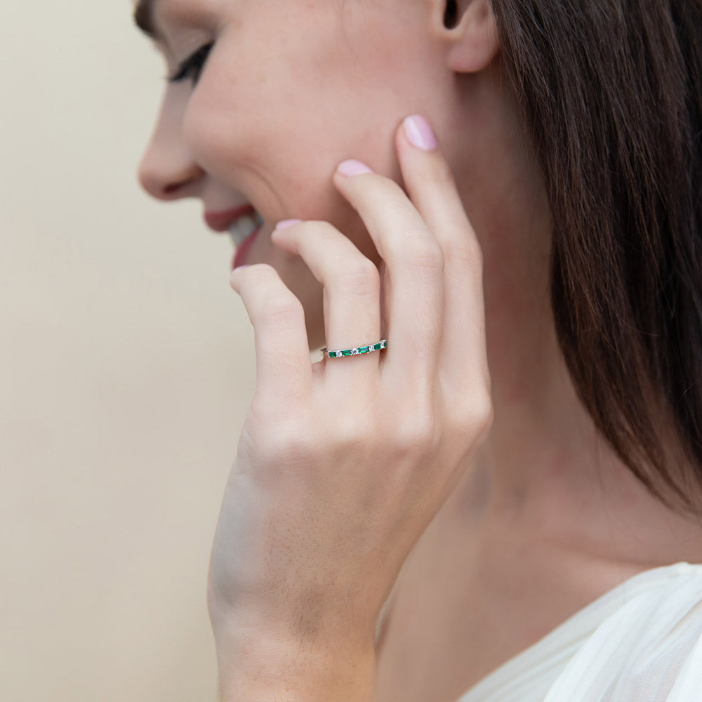 Model wearing Solitaire Art Deco 2.1ct Emerald Cut CZ Ring Set in Sterling Silver, 9 of 13