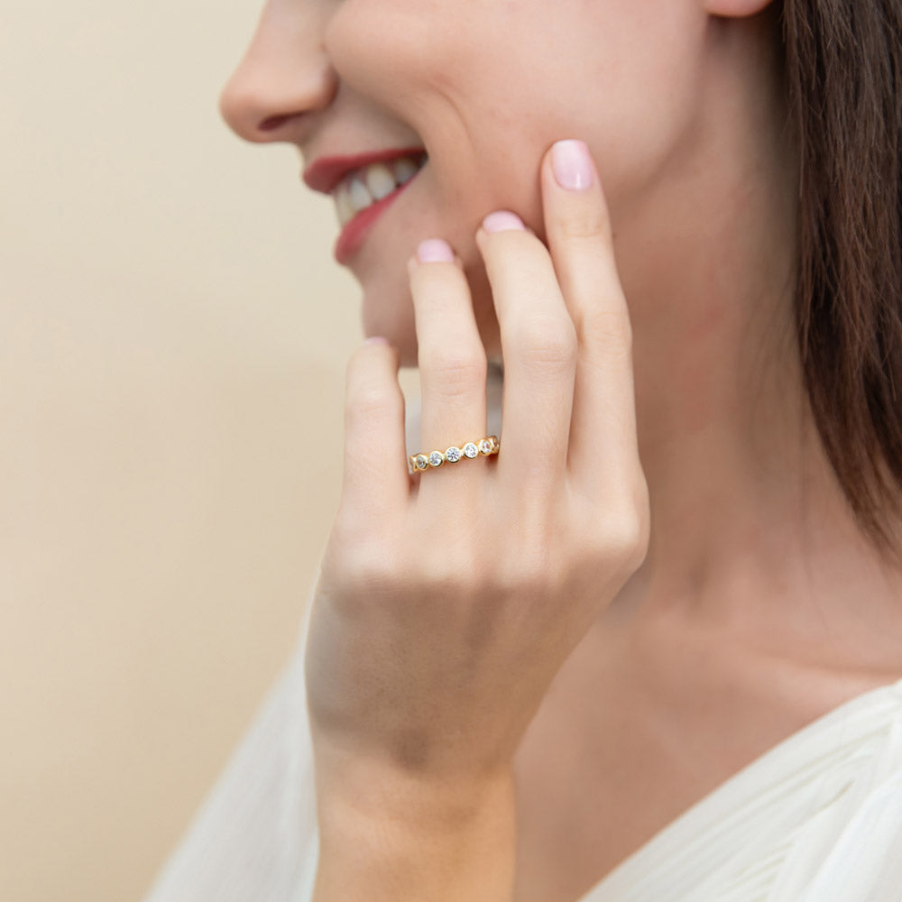 Model wearing Bubble Bezel Set CZ Eternity Ring in Gold Flashed Sterling Silver, 2 of 10