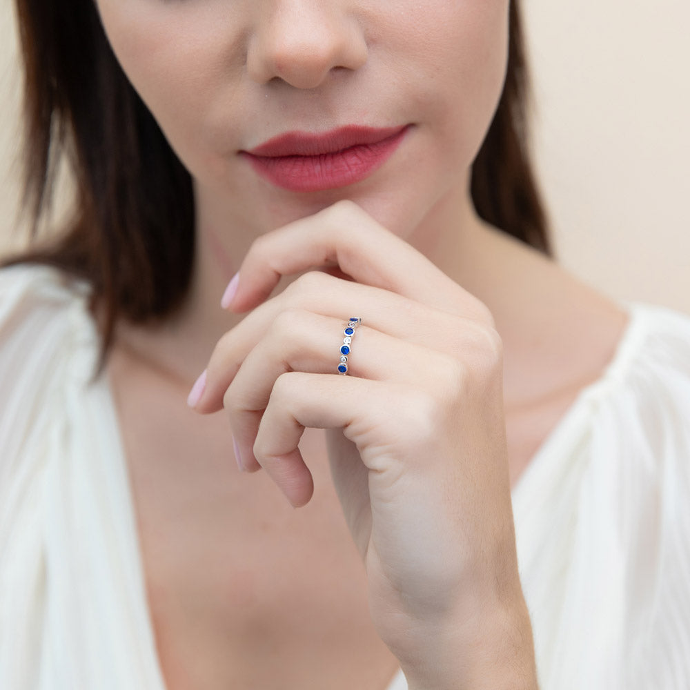 Bubble Sapphire-Blue Bezel CZ Eternity Ring in Sterling Silver