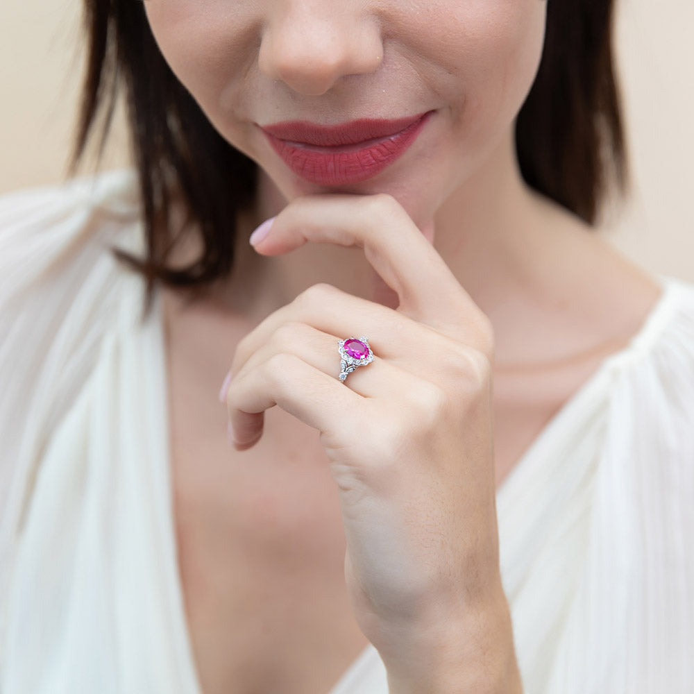 Model wearing Halo Art Deco Pink Oval CZ Ring in Sterling Silver, 10 of 11