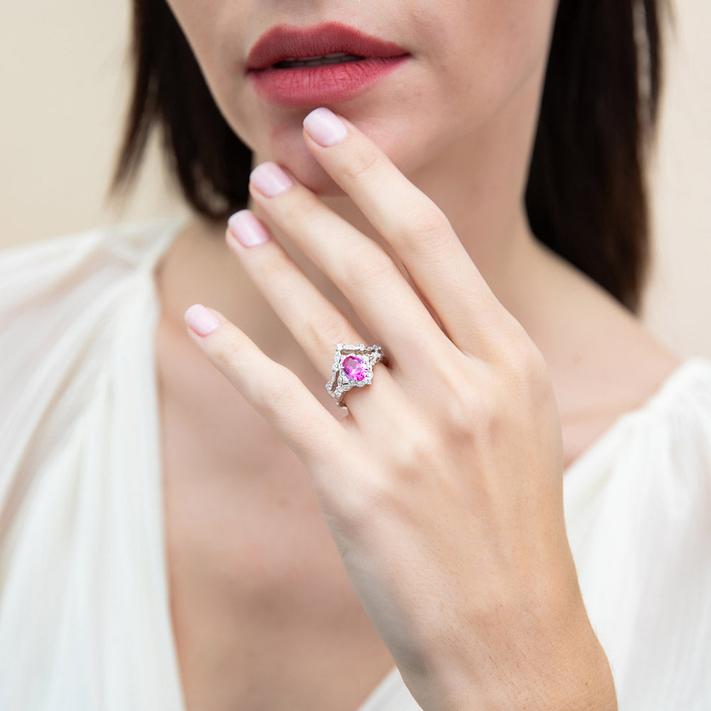 Model wearing Chevron Halo Pink CZ Ring Set in Sterling Silver, 3 of 18