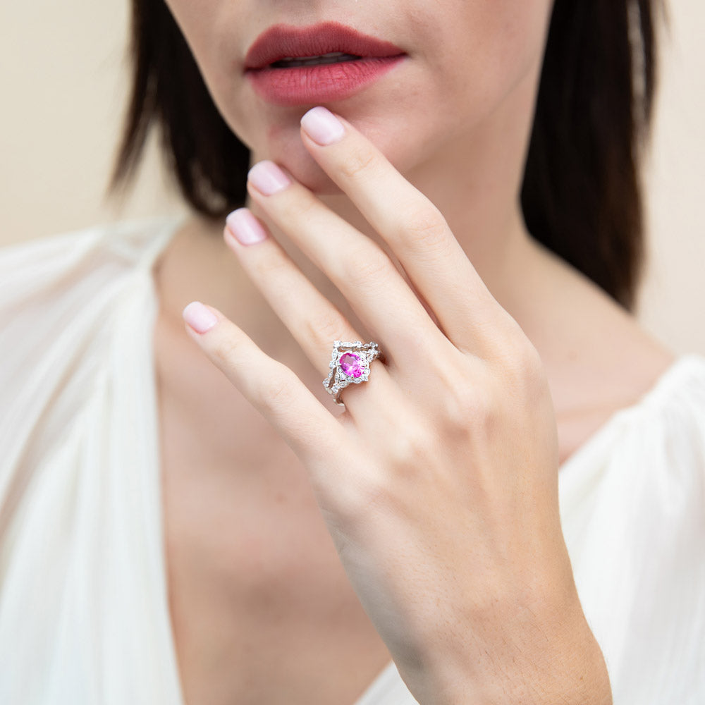 Model wearing Halo Art Deco Chevron V Shaped CZ Ring Set in Sterling Silver, 8 of 18