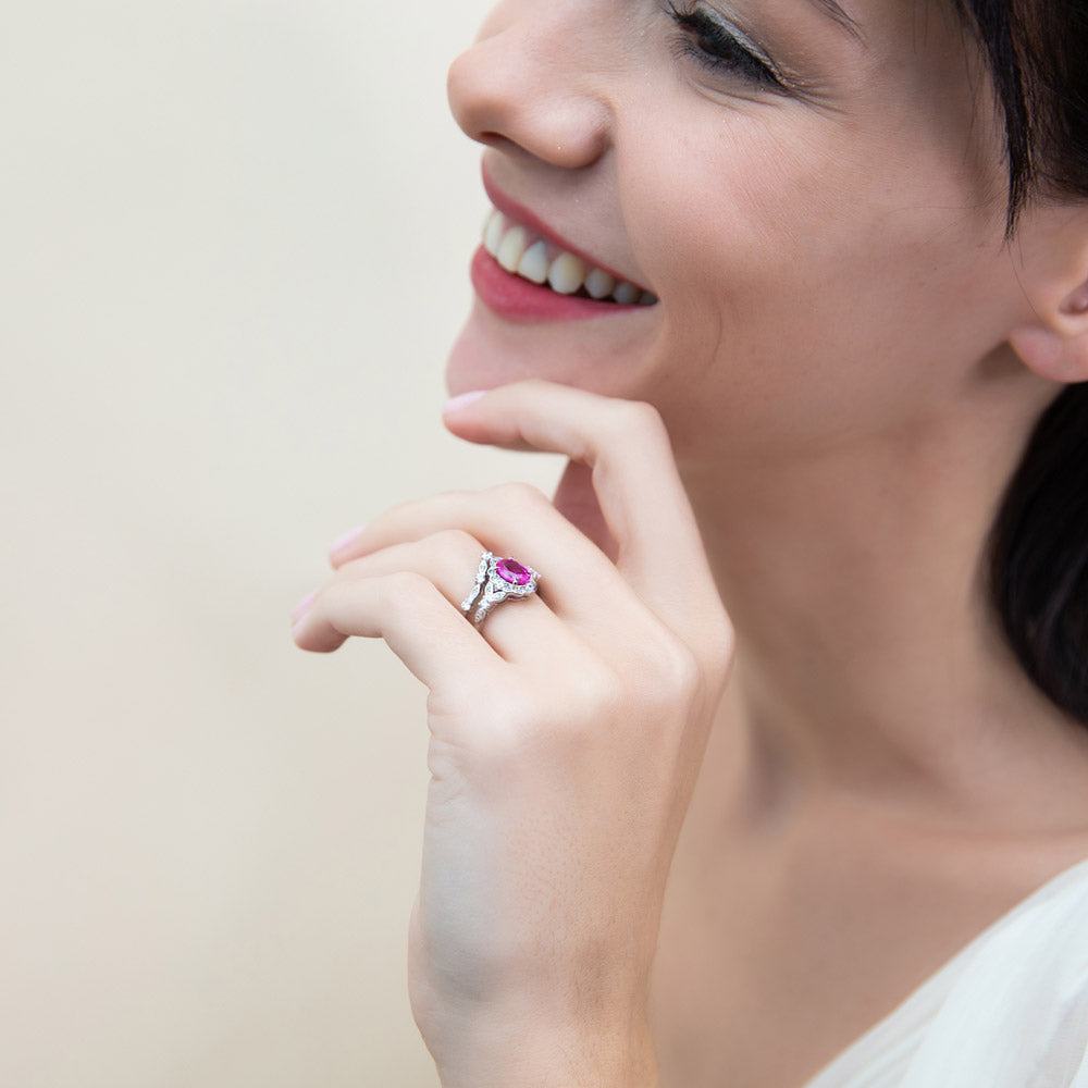 Model wearing Chevron Halo Pink CZ Ring Set in Sterling Silver, 6 of 18