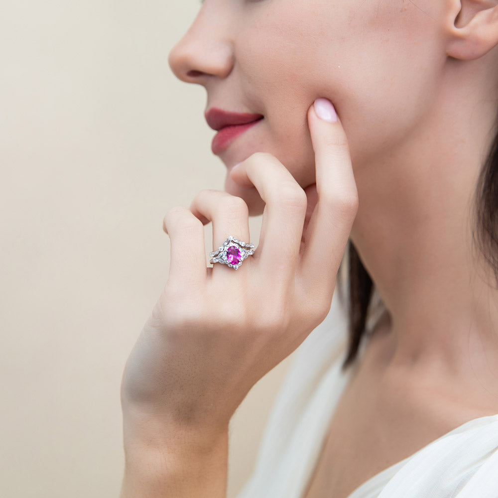 Model wearing Chevron Halo Pink CZ Ring Set in Sterling Silver, 2 of 18