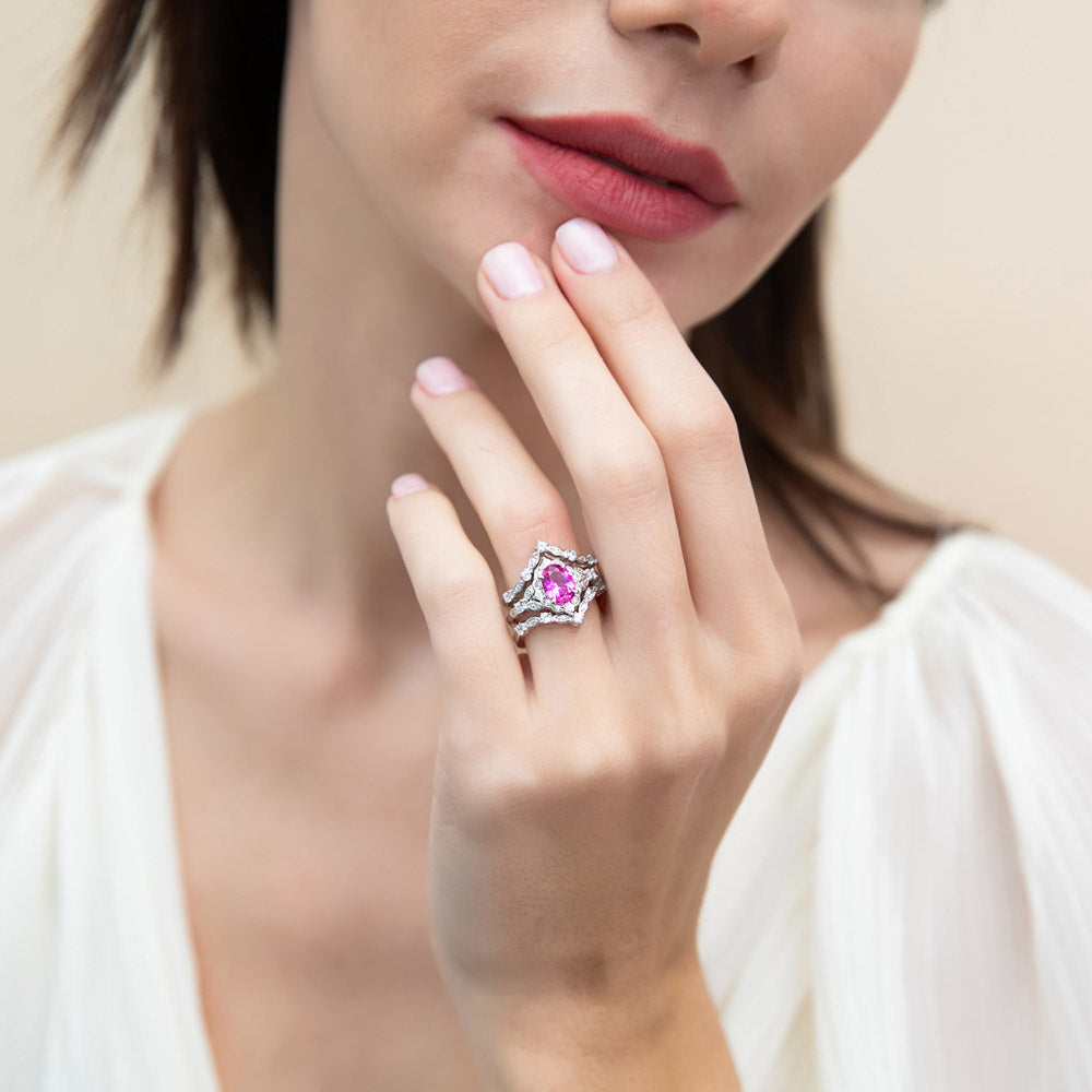 Model wearing Chevron Halo Pink CZ Ring Set in Sterling Silver, 2 of 17