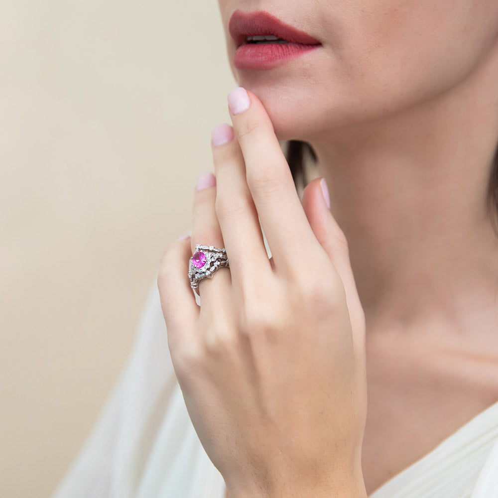 Model wearing Chevron Halo Pink CZ Ring Set in Sterling Silver, 7 of 17