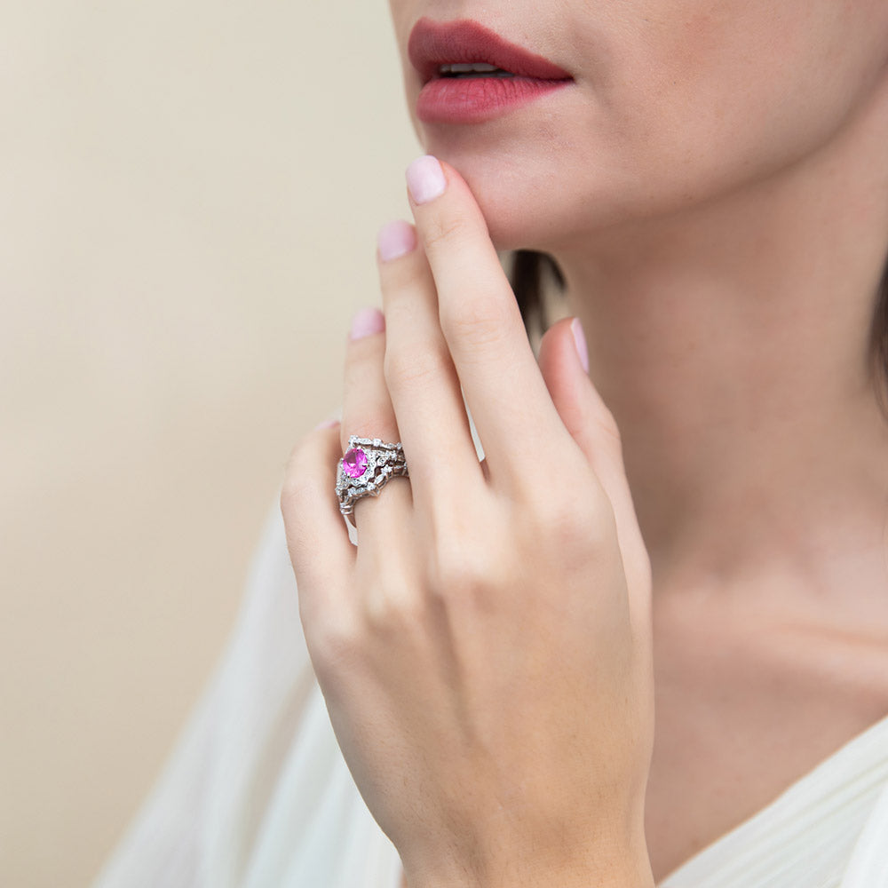 Model wearing Halo Art Deco Pink Oval CZ Ring in Sterling Silver, 16 of 19