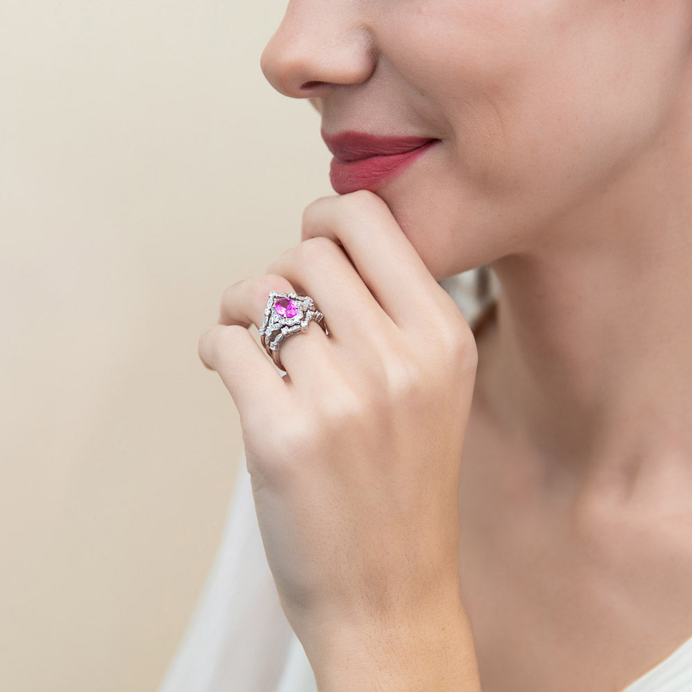 Model wearing Chevron Halo Pink CZ Ring Set in Sterling Silver, 6 of 17