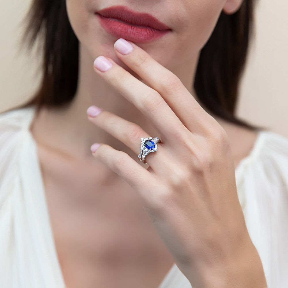 Model wearing Halo Art Deco Chevron V Shaped CZ Ring Set in Sterling Silver, 6 of 18