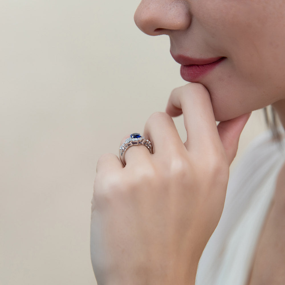 Model wearing Halo Art Deco Chevron V Shaped CZ Ring Set in Sterling Silver, 7 of 18
