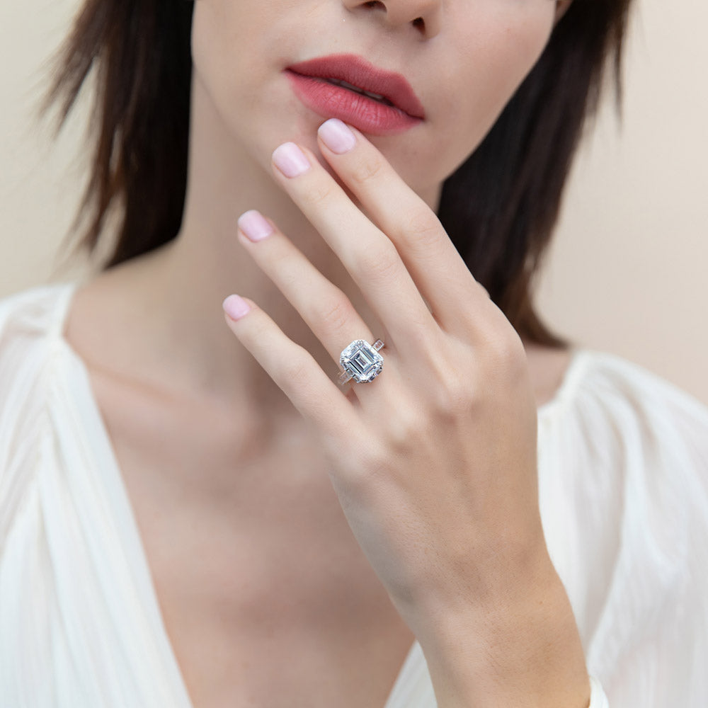 Model wearing Halo Art Deco Step Emerald Cut CZ Ring in Sterling Silver, 6 of 9