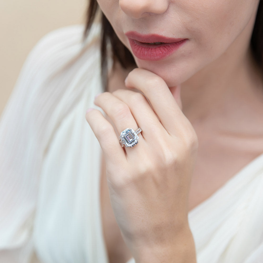 Halo Art Deco Emerald Cut CZ Ring in Sterling Silver