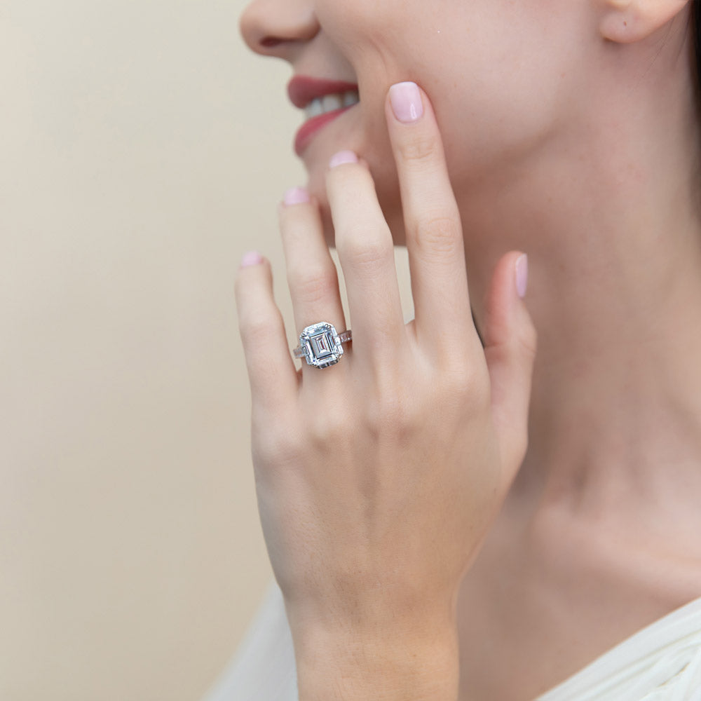 Silver Halo Art Deco Emerald Cut CZ Wedding Engagement Ring