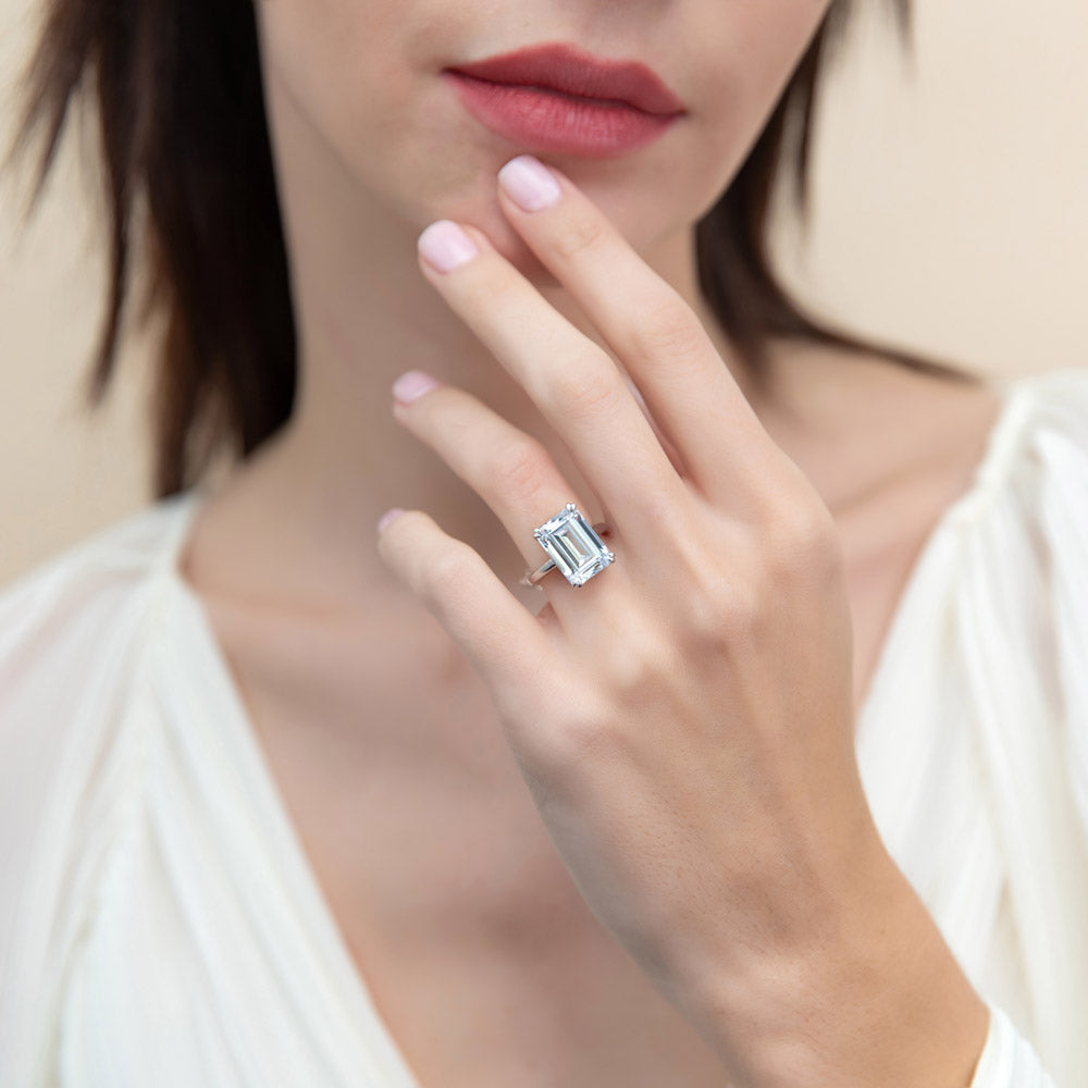 Model wearing Solitaire 8.5ct Emerald Cut CZ Statement Ring in Sterling Silver, 5 of 10
