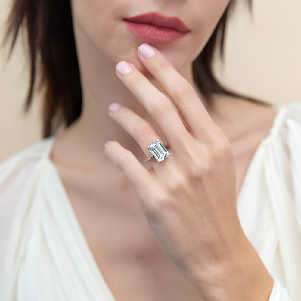 Solitaire 8.5ct Emerald Cut CZ Ring in Sterling Silver