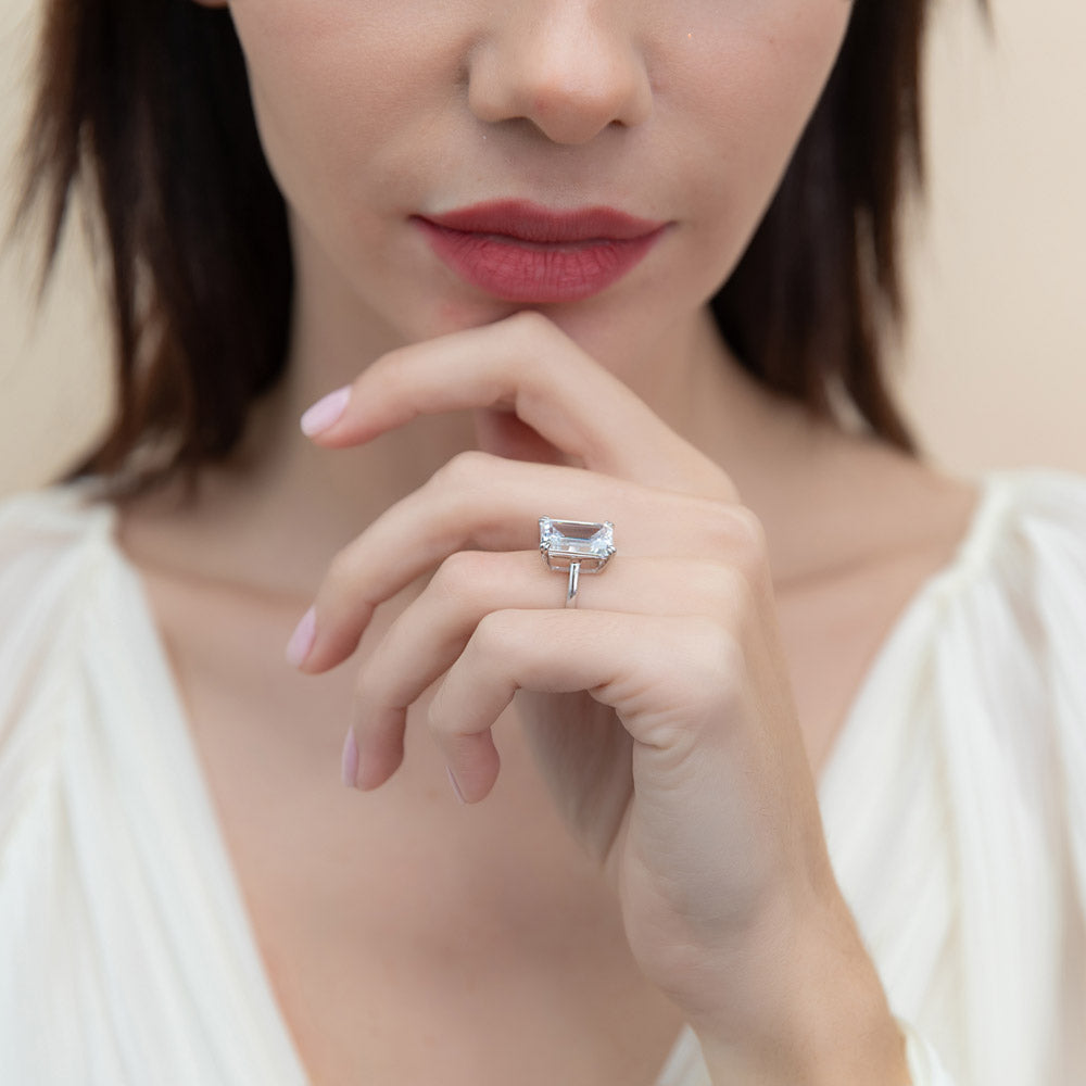 Model wearing Solitaire 8.5ct Emerald Cut CZ Statement Ring in Sterling Silver, 8 of 10