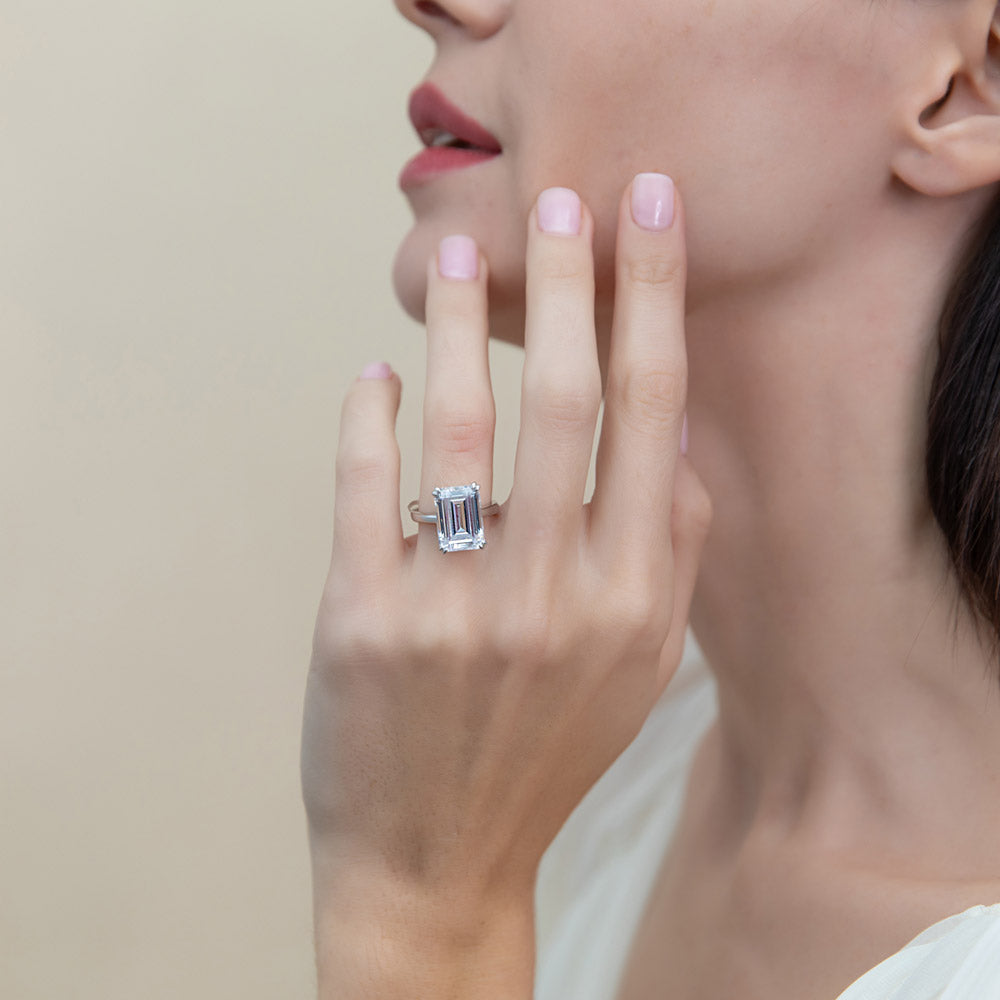 Solitaire 8.5ct Emerald Cut CZ Ring in Sterling Silver