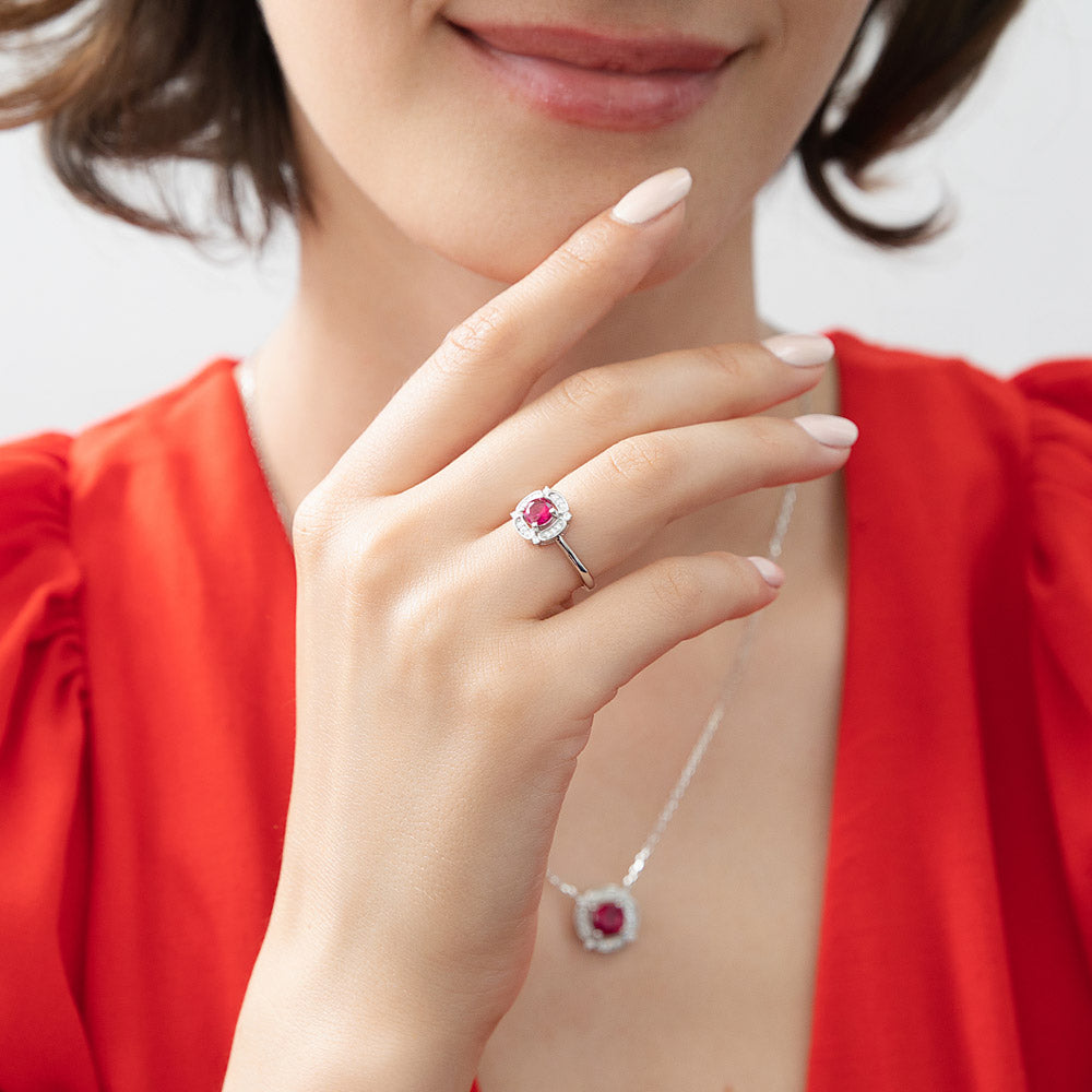 Halo Flower Ruby-Red CZ Ring in Sterling Silver