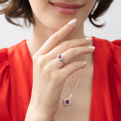 Halo Flower Ruby-Red CZ Ring in Sterling Silver