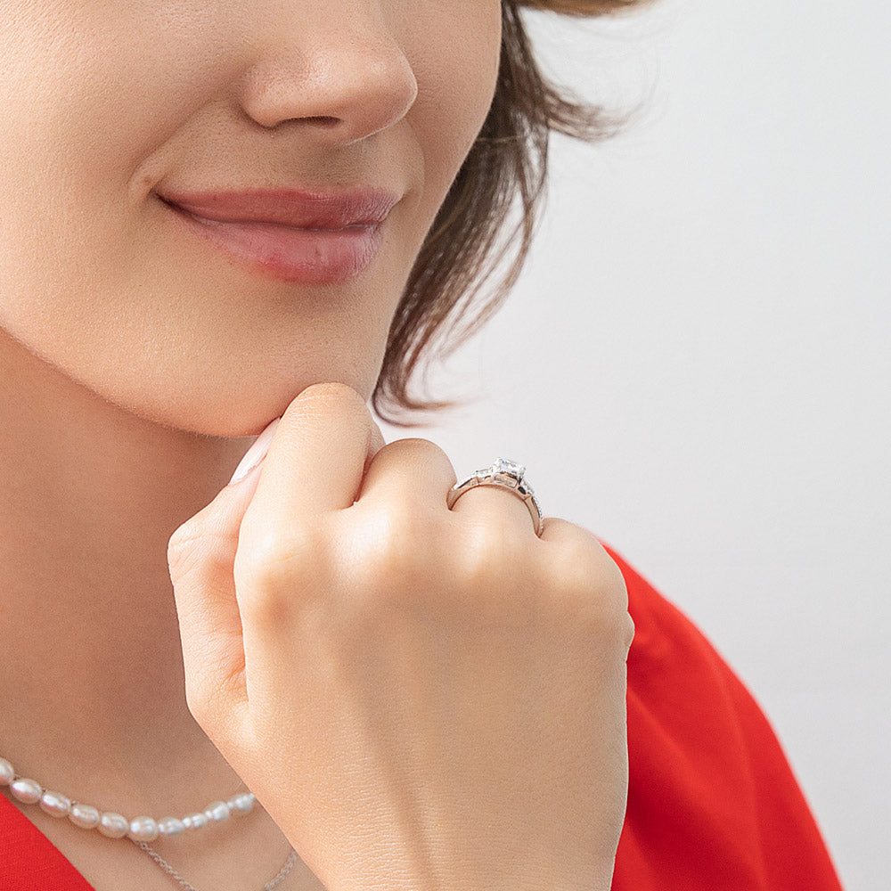 Model wearing Art Deco CZ Ring in Sterling Silver, 7 of 9