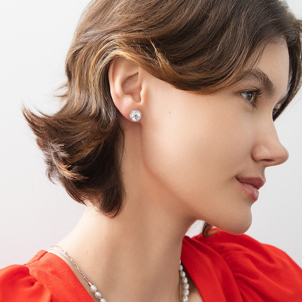 Flower Halo CZ Necklace and Earrings in Sterling Silver