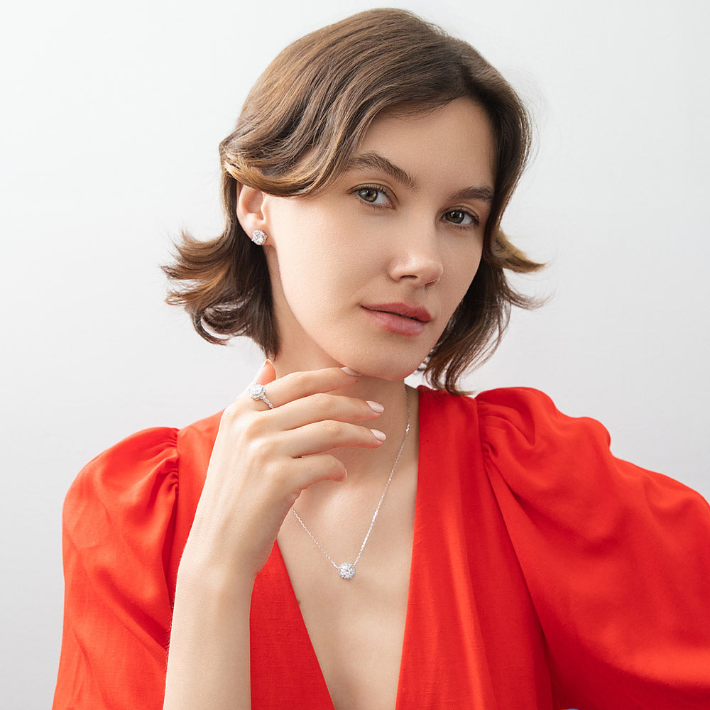 Silver Flower Halo CZ Fashion Necklace and Earrings Set Silver Flower Halo CZ Fashion Necklace and Earrings Set