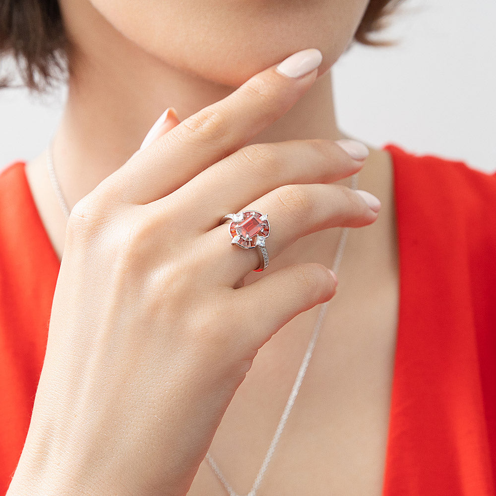 Model wearing Halo Art Deco Garnet-Red Emerald Cut CZ Ring in Sterling Silver, 2 of 8