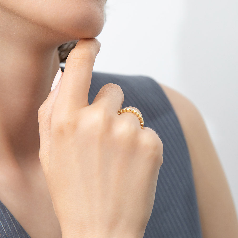 Model wearing Bubble Bezel CZ Eternity Ring in Gold Flashed Sterling Silver, 7 of 9