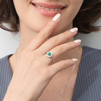 Halo Flower Green CZ Ring in Sterling Silver
