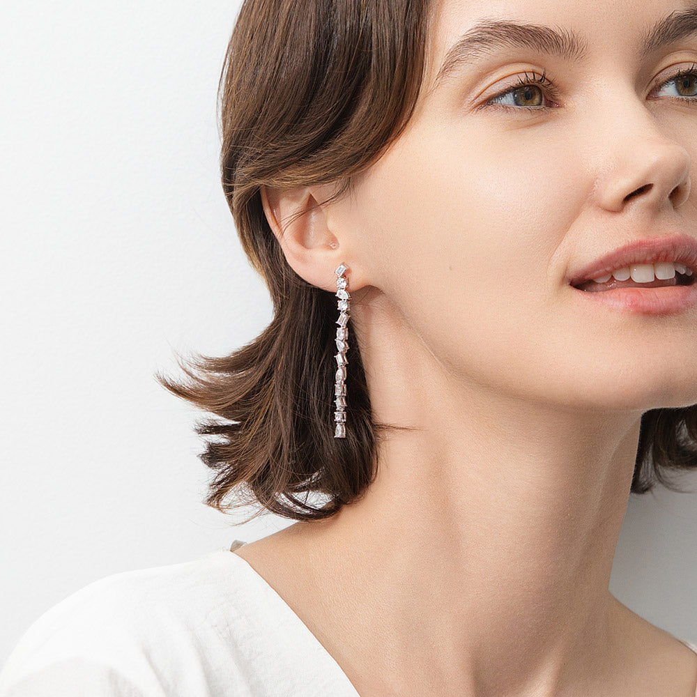 Model wearing Cluster Bar CZ Chandelier Earrings in Sterling Silver, 3 of 5